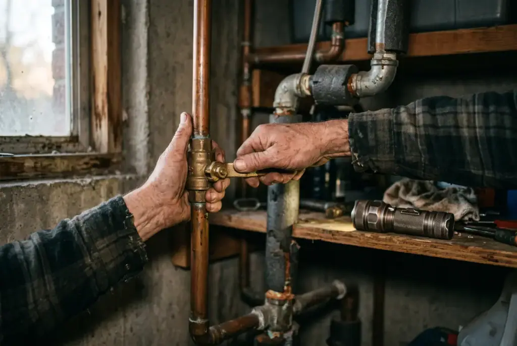 Hands turning a quarter-turn water main shutoff valve in a utility closet