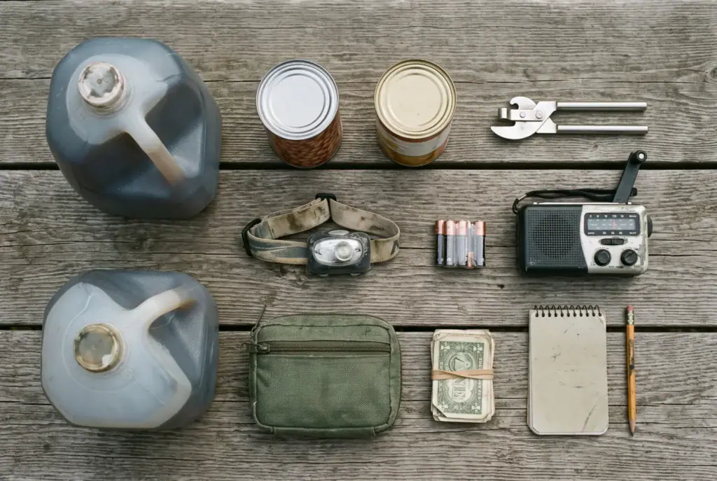 A modest 72-hour home kit laid out on barn wood: water, canned food, headlamp, radio, first aid and cash
