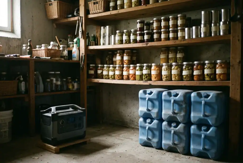 Basement pantry with rotated canned goods, stored water and a battery power station