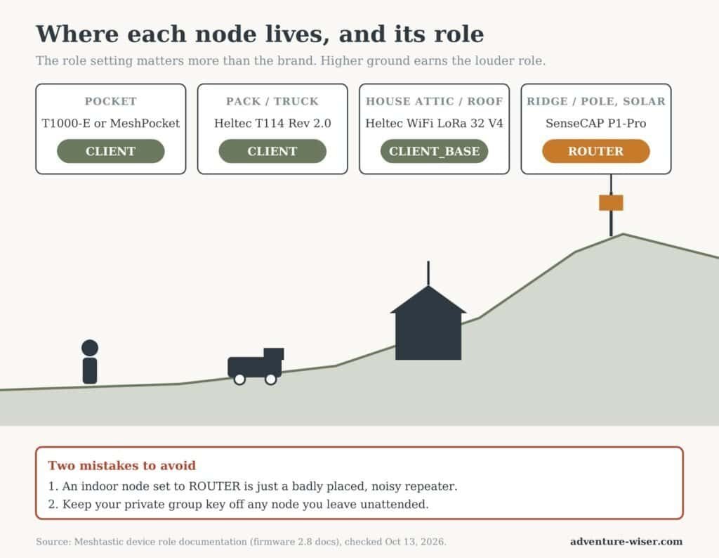 Where each Meshtastic node lives and which device role to set, from pocket to ridgeline