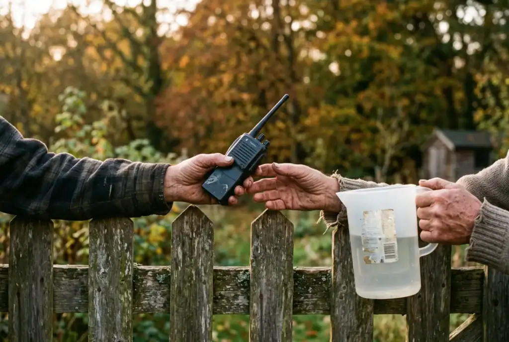 Two neighbors passing a two-way radio and a water jug over a backyard fence