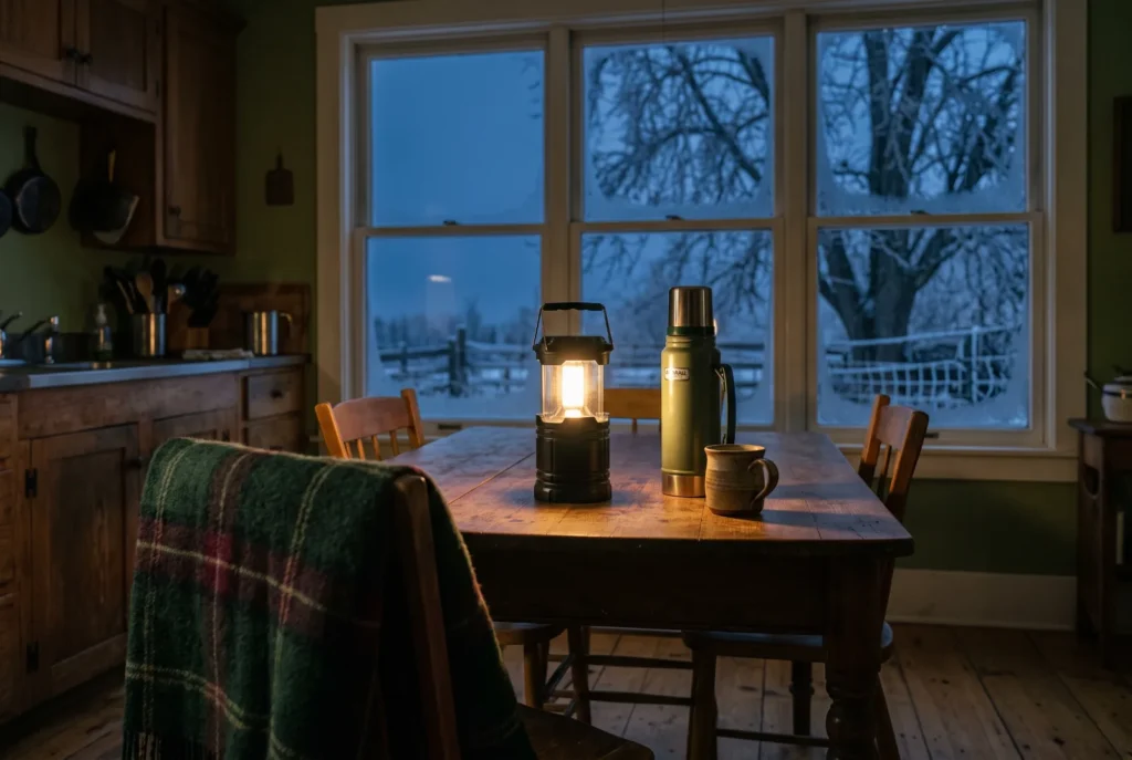 Farmhouse kitchen lit by a lantern during an ice storm power outage
