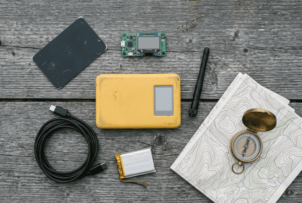 Flat lay of LoRa mesh radio nodes, antenna, cable, battery and a paper topo map on barn wood