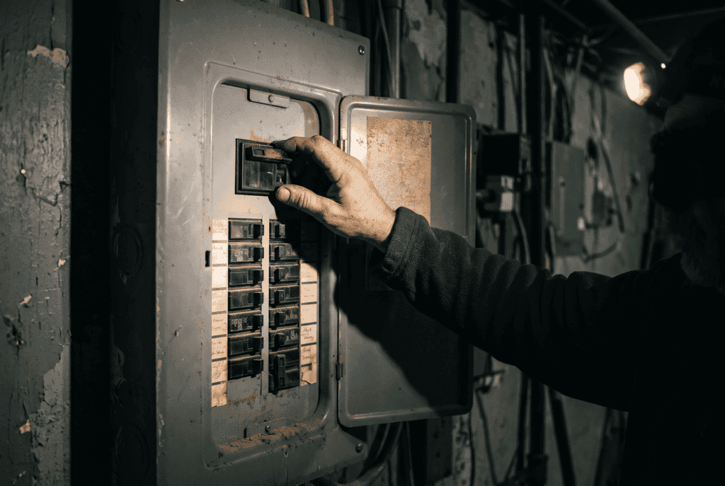 Hand on the main breaker of a home electrical panel lit by a headlamp during a power outage