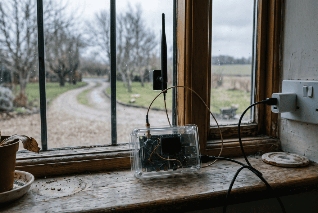 Mesh radio base station on a farmhouse windowsill with a cable running to an outdoor antenna