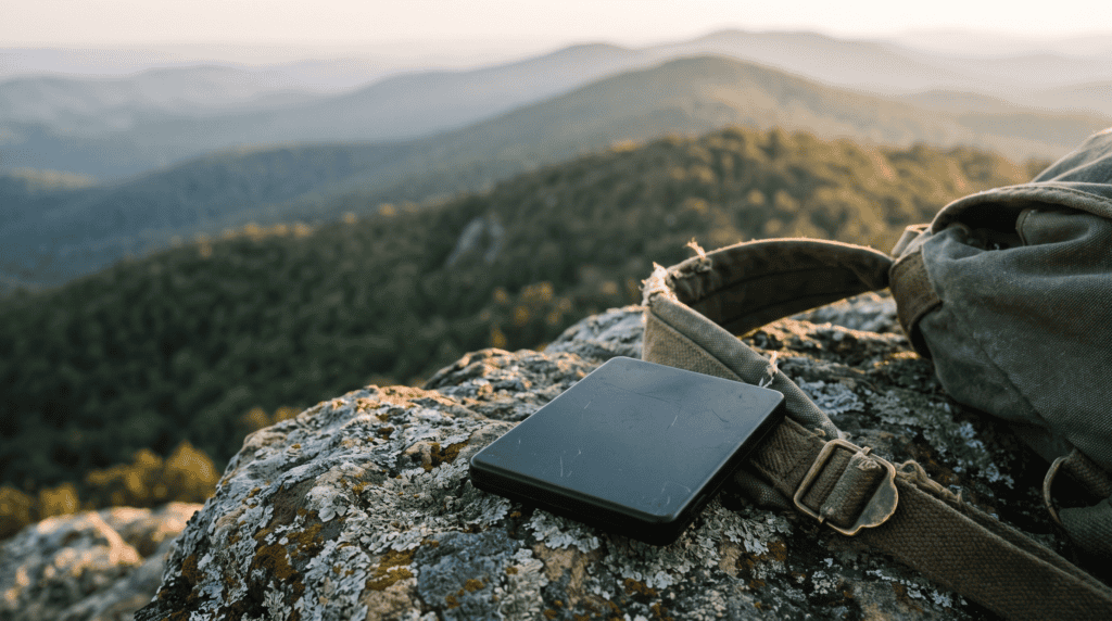 Meshtastic radio nodes: a card-sized mesh tracker on a sandstone boulder above Ouachita ridgelines