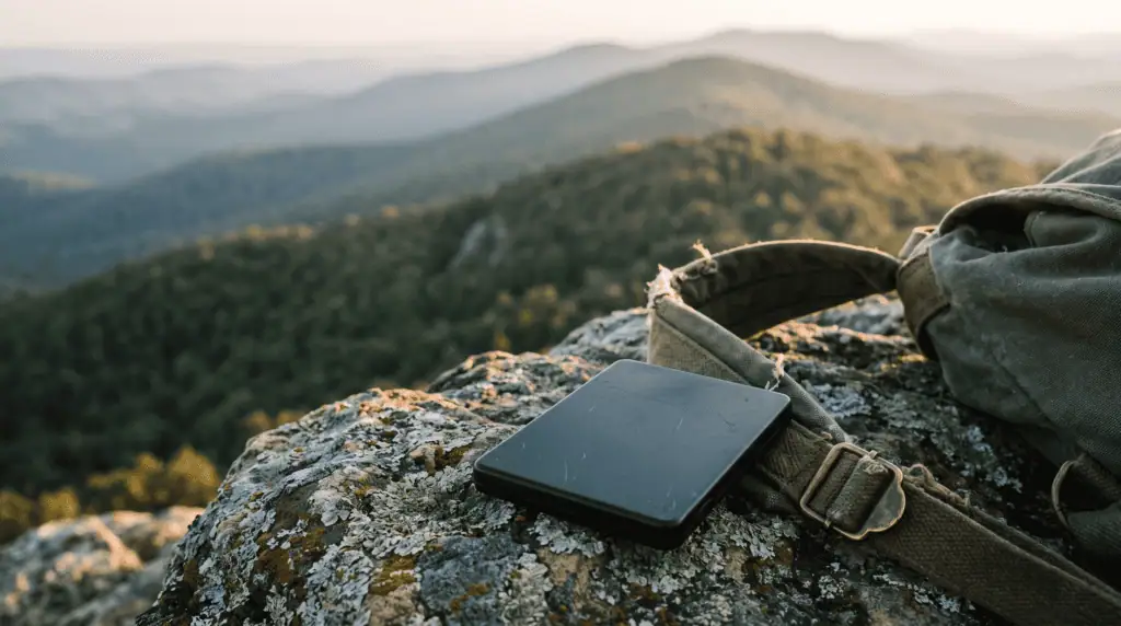 Meshtastic radio nodes: a card-sized mesh tracker on a sandstone boulder above Ouachita ridgelines