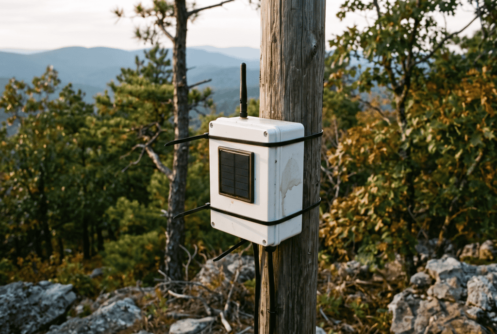 Solar mesh repeater node zip-tied to a pole on a forested Ouachita ridgeline