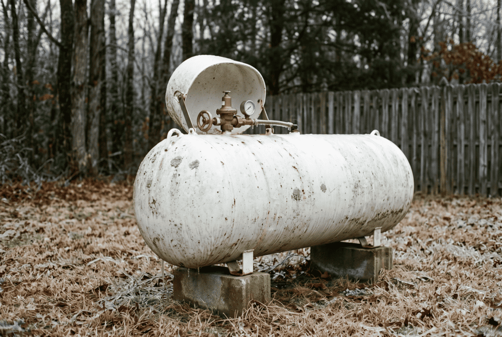 Residential propane tank with its dome open showing the service valve handwheel after freezing rain
