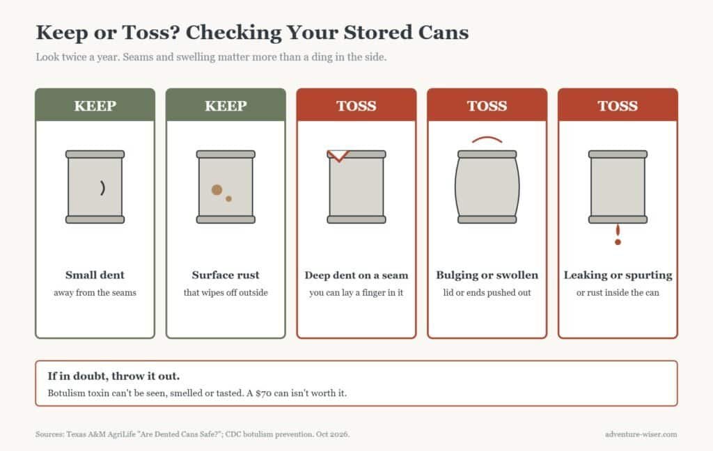 Keep or toss guide for stored cans: small dents and wipeable surface rust are fine; seam dents, bulging and leaking cans go in the trash