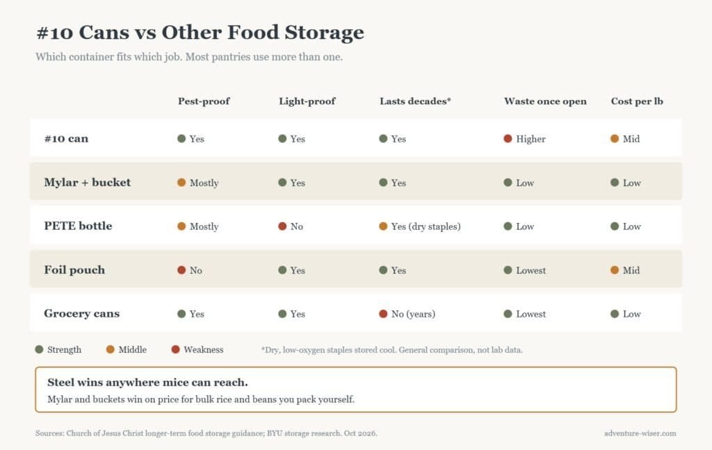 Comparison of #10 cans, mylar bags in buckets, PETE bottles, foil pouches and grocery cans for long-term food storage