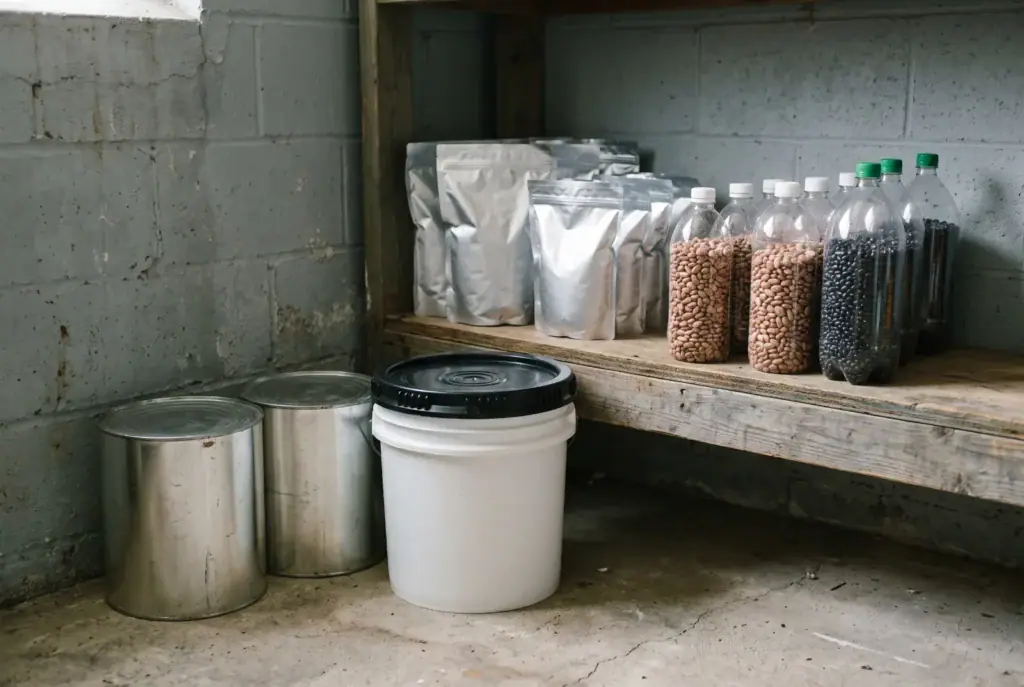 Steel cans, a food-grade bucket, mylar bags and PET bottles of beans in a basement corner