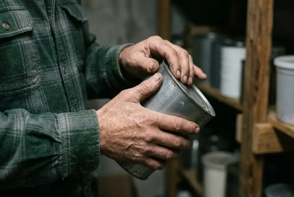 Hands checking the seam of a stored steel food can for dents and rust