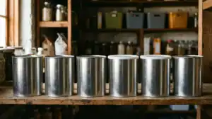 Row of #10 cans for long-term food storage on a wooden basement pantry shelf