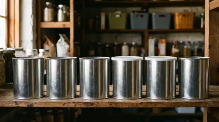 Row of #10 cans for long-term food storage on a wooden basement pantry shelf