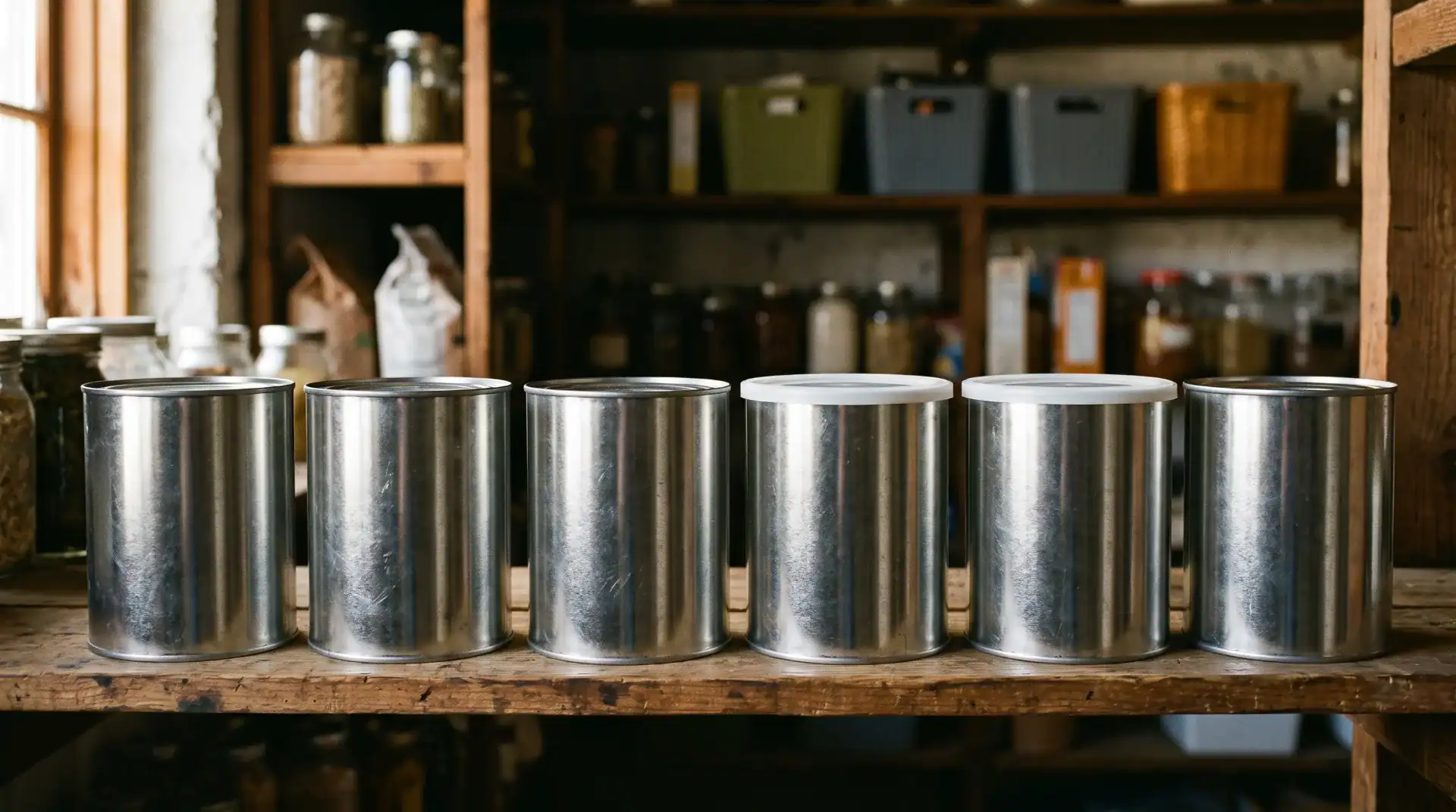 Row of #10 cans for long-term food storage on a wooden basement pantry shelf