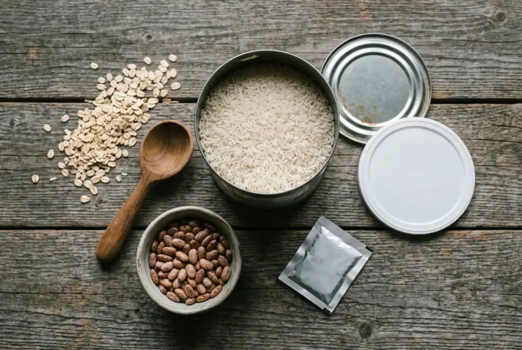 Open steel can of white rice beside pinto beans, rolled oats and an oxygen absorber packet